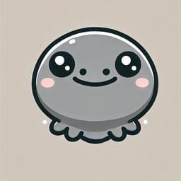 A cute cartoon illustration of a gray creature with a round body, big eyes, a smiling face, and small blushing cheeks. The creature resembles an adorable jellyfish or blob-like character, giving a friendly and cheerful expression.