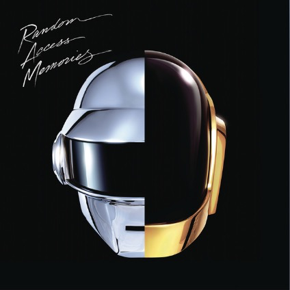 Album cover for Daft Punk's "Random Access Memories" showing their iconic helmet design split vertically down the middle - the left half is silver/chrome and the right half is black and gold. The album title appears in a handwritten-style font in the top left corner against a black background. The image is highly polished and features the distinctive reflective, robotic aesthetic associated with the duo.