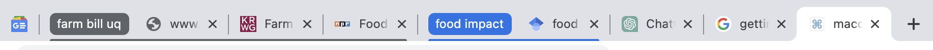 A Chrome browser tab bar showcasing tab grouping functionality, with several tabs organized into distinct groups related to agricultural and food policy research. The visible groups include tabs for farm bill research, food impact analysis, and general tools like ChatGPT and Google searches. The first tab group contains "farm bill uq" and appears to be actively selected, demonstrating Chrome's color-coded grouping system for improved tab organization and research workflow management.